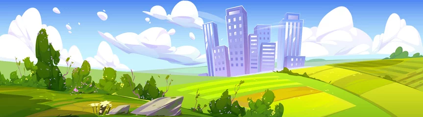 Deurstickers Summer landscape with fields and city buildings on skyline. Vector cartoon illustration of nature panorama with green bushes, farm lands, path and town on horizon © klyaksun