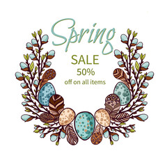 A banner with a summer spring sale, discount surrounded by willow branches, quail eggs, a feather and a nest, hand-drawn on a white background for printing. symbol of the spring holiday