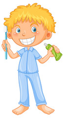 Boy in pyjamas holding toothbrush and toothpaste