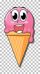 Strawberry ice cream cone cartoon character isolated