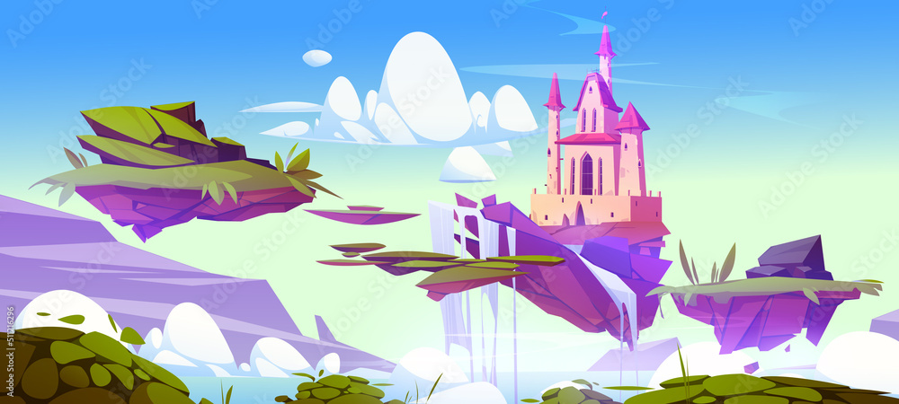 Wall mural Fantasy summer landscape with magic pink castle and floating islands. Vector cartoon illustration with ground pieces with royal palace, green grass and waterfall flying in sky