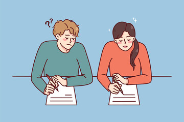 Boy cheating on school exam copy answers from female classmate. Schoolchildren with papers on examination during test. Flat vector illustration.  - obrazy, fototapety, plakaty