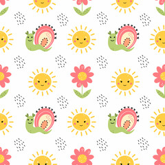 Cute baby pattern. Snail with rainbow. Summer background in nursery. Wallpaper for printing on fabric and packaging paper.