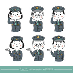 敬礼する駅員と案内する駅員のイラストセット、ハンドサイン