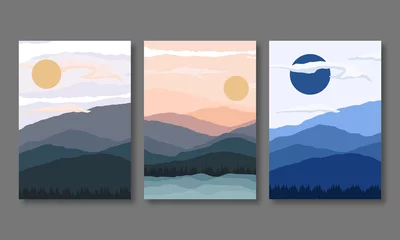 Poster Abstract landscape illustrations. Mountains, sun, moon, sunset, desert, hills minimalist design. Trendy mid century art, boho home decor, wall art. © ribelco