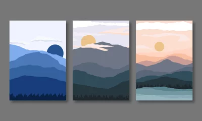 Fototapeten Abstract landscape illustrations. Mountains, sun, moon, sunset, desert, hills minimalist design. Trendy mid century art, boho home decor, wall art. © ribelco