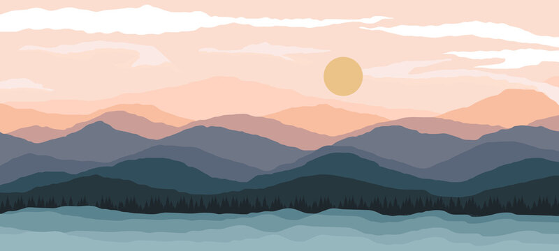 Abstract landscape illustrations. Mountains, sun, moon, sunset, desert, hills minimalist design. Trendy mid century art, boho home decor, wall art. wide art landscape design