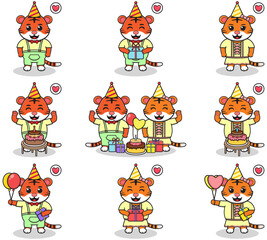 Vector of Cute Tiger in Birthday Party. Set of cute little Tiger characters. Collection of funny Tiger isolated on a white background.