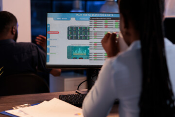 Businesswoman analyzing stock market exchange trend on computer to make global forex investment....