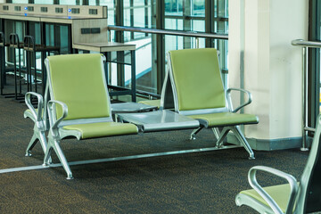 Empty airport. Waiting area in airport. Flight delay cancellation. Travel and vacation concept. Coronavirus COVID19 quarantine