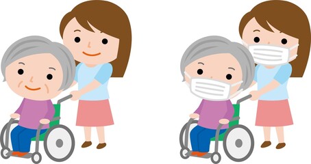 車椅子のおばあさんと若い女性