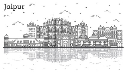 Outline Jaipur India City Skyline with Historic Buildings and Reflections Isolated on White.