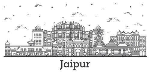 Outline Jaipur India City Skyline with Historic Buildings Isolated on White.