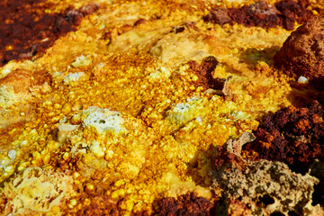 Close-up - Vents of Dallol volcano erupting yellowish-brown iron oxides, Danakil, Afar Region, Ethiopia