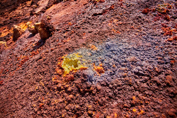Close-up - Vents of Dallol volcano erupting yellowish-brown iron oxides, Danakil, Afar Region,...