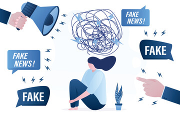 Unhappy woman needs psychological help after watching propaganda and fake news. Pressure on psyche through media. Lies, misinformation in press. Mental health, fears. Panic attack. - obrazy, fototapety, plakaty