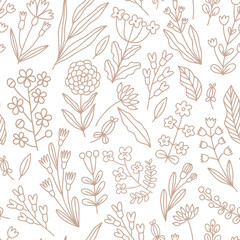 Floral seamless pattern in doodle style. Cute simple pattern with flowers and leaves.
