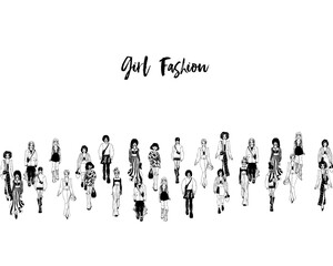 Naklejka premium Stylish young women dressed in trendy clothes. Crowd of girls. Black and white illustration
