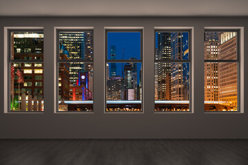 Downtown Chicago City Skyline Buildings from High Rise Window. Beautiful Expensive Real Estate overlooking. Epmty room Interior Skyscrapers View in Penthouse Cityscape. Night. 3d rendering.