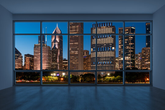 Downtown Chicago City Skyline Buildings from High Rise Window. Beautiful Expensive Real Estate overlooking. Epmty room Interior Skyscrapers View in Penthouse Cityscape. Night. 3d rendering.