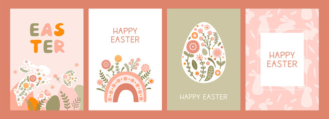 Set postcard template with silhouette Easter eggs, rabbit, rainbow and flowers in flat style. Illustration holiday easter hare and eggs in pastel colors and space for your text. Vector