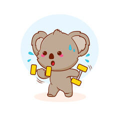 Cute happy baby koala bear lifting barbell. Cartoon character illustration