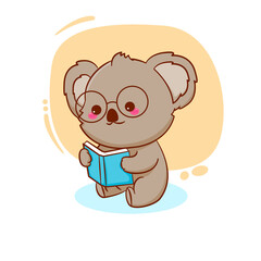 Cute baby koala bear reading a book with glasses. Cartoon character illustration
