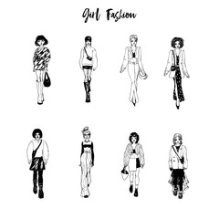 Collection of stylish young women dressed in trendy clothes. Vector fashion black and white illustration.