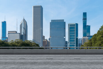 Empty urban asphalt road exterior with city buildings background. New modern highway concrete...