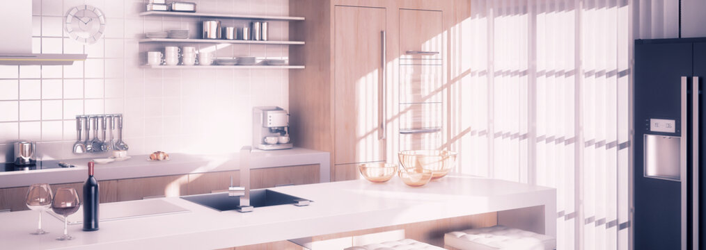 Moderne Einbauküche mit integrierter Kochinsel - panoramische 3D Visualisierung