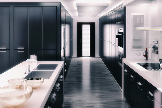 Moderne Einbauküche ausgebaut in einem Einfamilienhaus - 3D Visualisierung