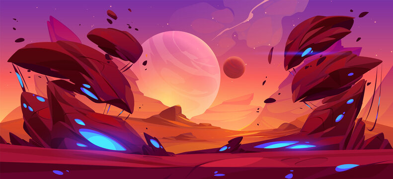 Fantastic landscape of alien planet with rocks, flying stones and glowing blue spots. Vector cartoon fantasy illustration of cosmos and planet surface panorama for space game background