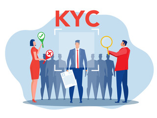 KYC or know your customer with business verifying the identity of its clients concept at the partners-to-be through a magnifying glass vector illustrator