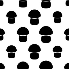 Seamless pattern with mushrooms. Black icon of mushrooms on white background. Isolated symbol mushroom in flat style. Design for print on fabric, wrapping paper, packing, wallpaper.Vector illustration