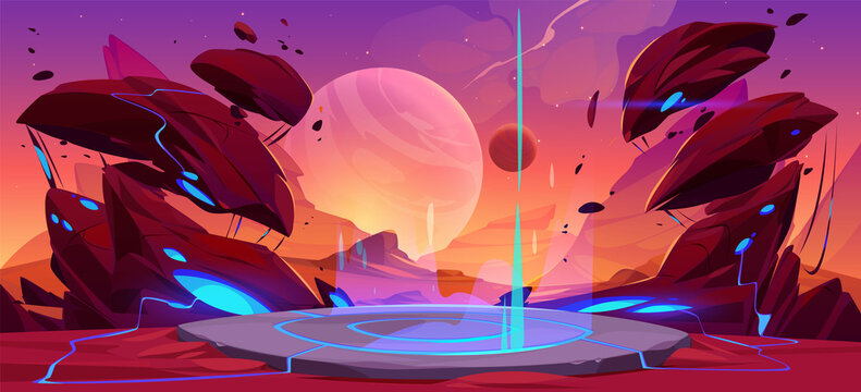 Fantastic landscape of alien planet with game battle podium, rocks, flying stones and glowing blue spots. Vector cartoon fantasy illustration of space planet surface panorama, game background