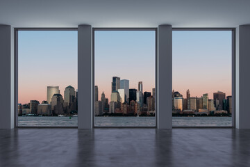Fototapeta na wymiar Downtown New York City Lower Manhattan Skyline Buildings. High Floor Window. Beautiful Expensive Real Estate. Empty room Interior Skyscrapers View Cityscape. Financial district. Night. 3d rendering.