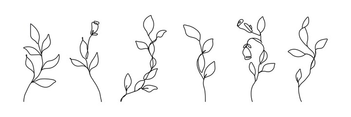 Fototapeta na wymiar Set of Line Art Leaves Silhouette Black Sketch on White Background. One Line Beautiful Plants, Leaves, Flowers. Vector Illustration.