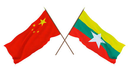 Background for designers, illustrators. National Independence Day. Flags Chine and  Myanmar