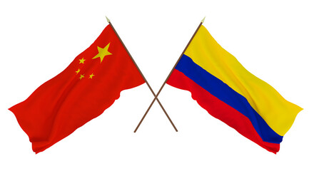 Background for designers, illustrators. National Independence Day. Flags Chine and Colombia