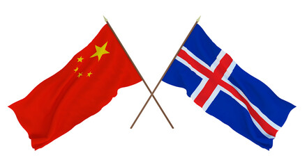 Background for designers, illustrators. National Independence Day. Flags Chine and Iceland