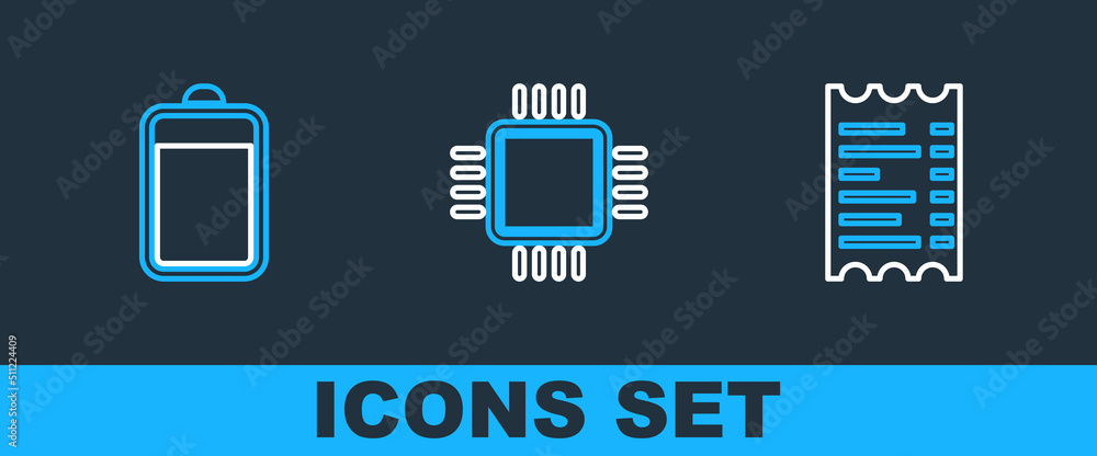 Poster set line paper or financial check, battery and processor with cpu icon. vector