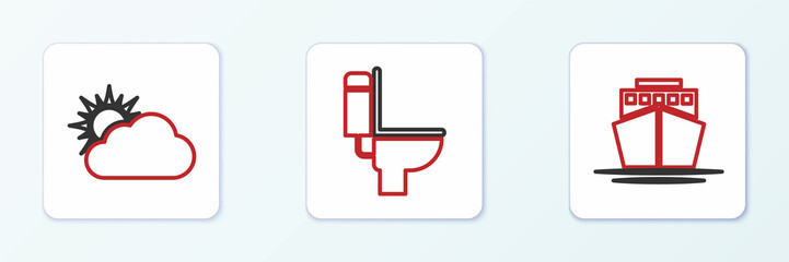 Set line Ship, Sun and cloud weather and Toilet bowl icon. Vector