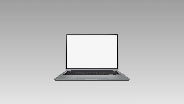 Realistic thin laptop computer 3d animation. Highly detailed metallic notebook open cover with green screen on white background. Zoom in display with mark spot ready to track your own photo or video.