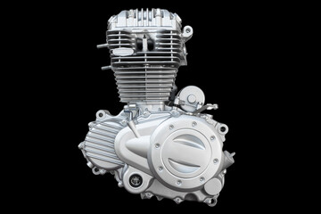 Motorcycle engine isolated on black background. Air cooled internal combustion engine for...