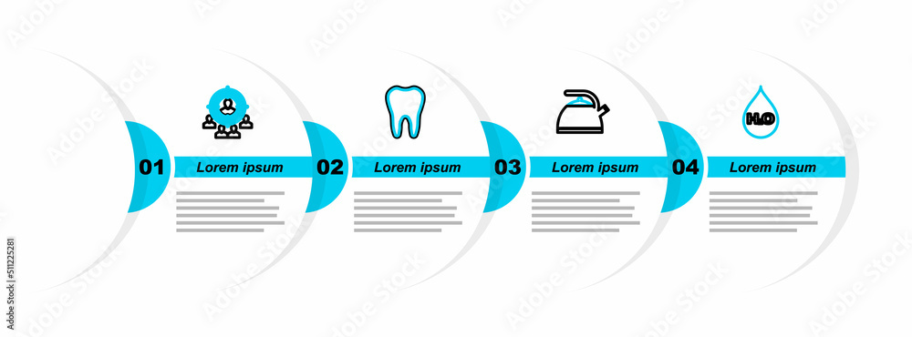 Sticker Set line Water drop with H2O, Kettle handle, Tooth and Marketing target strategy icon. Vector