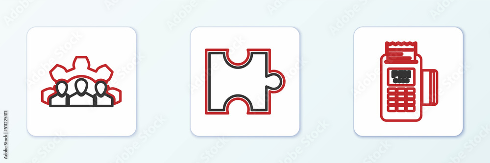 Poster set line pos terminal, project team base and piece of puzzle icon. vector