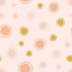 Round abstract scribble seamless pattern. Hand drawn shapes in pink and gold color palette. Vector organic background with doodle lines, dots and bubbles.