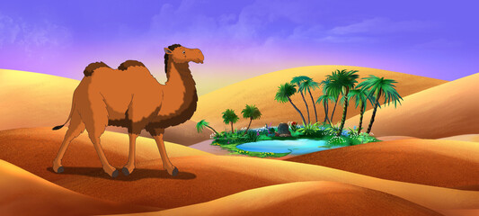 Bactrian Camel Goes Through the Desert