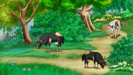 Goats on a meadow cartoon