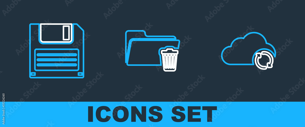 Aufkleber set line cloud sync refresh, floppy disk and delete folder icon. vector